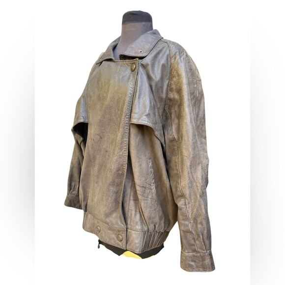 Vtg 90s Express Brown Distressed Oversized Grunge Moto Bomber Leather Coat L - Picture 7 of 10